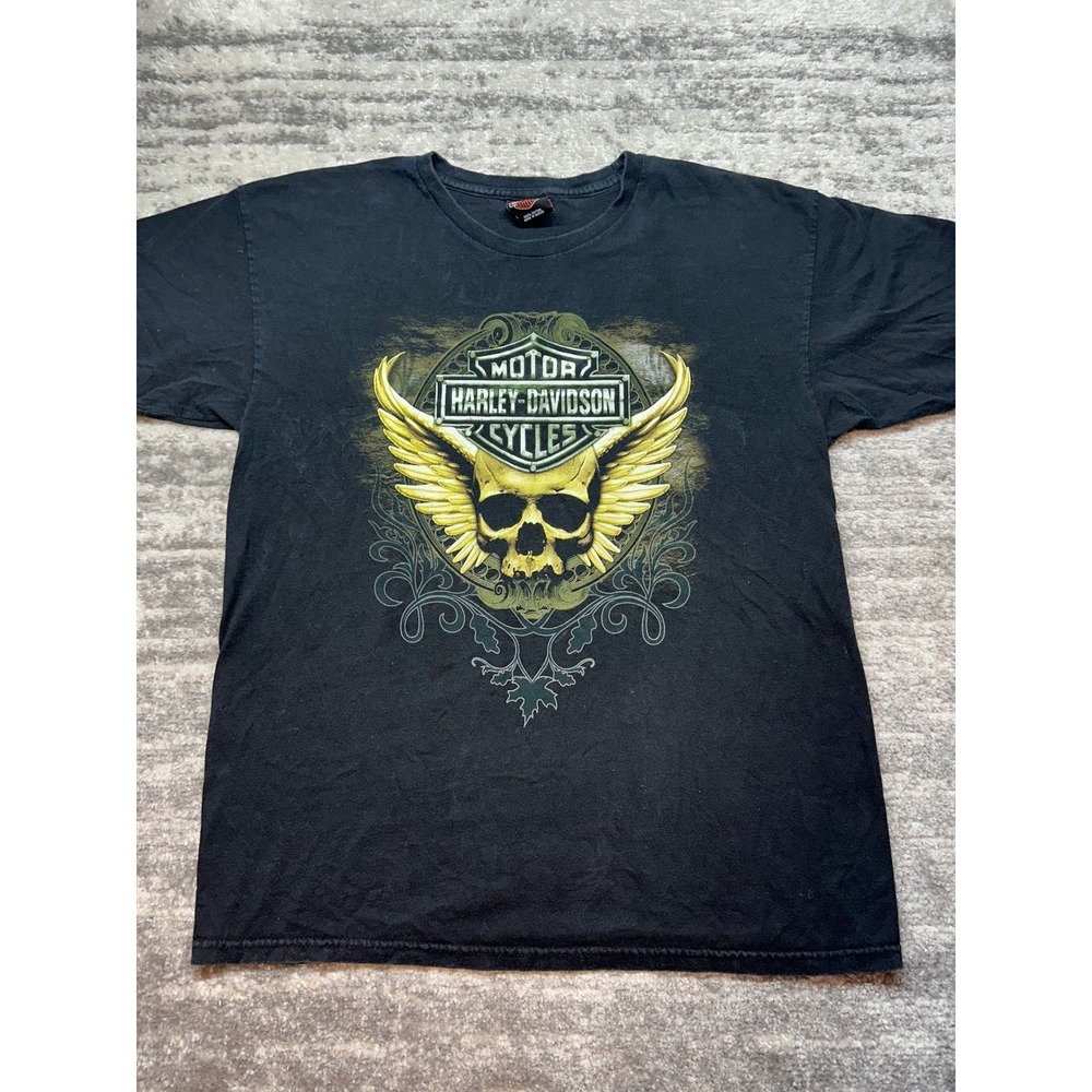 Harley Davidson T-Shirt Mens Large Black Skull Wings Sicily Italy Graphic Tee